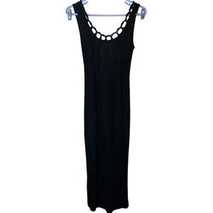 Vintage Hugo Buscati black sheer maxi dress loop neckline with deep slit size 2